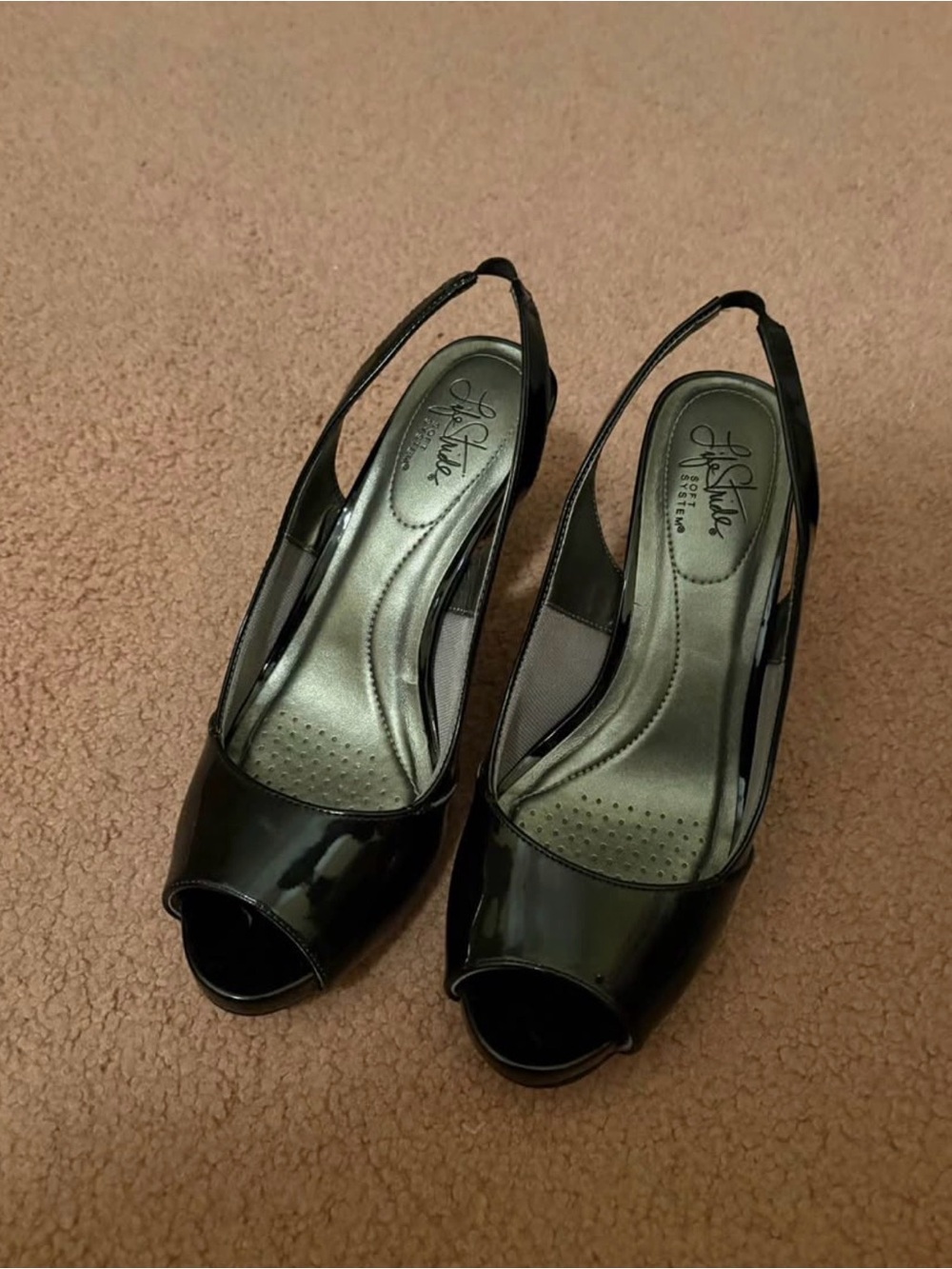 Life Stride Black Patent Peep-Toe Slingback Heels